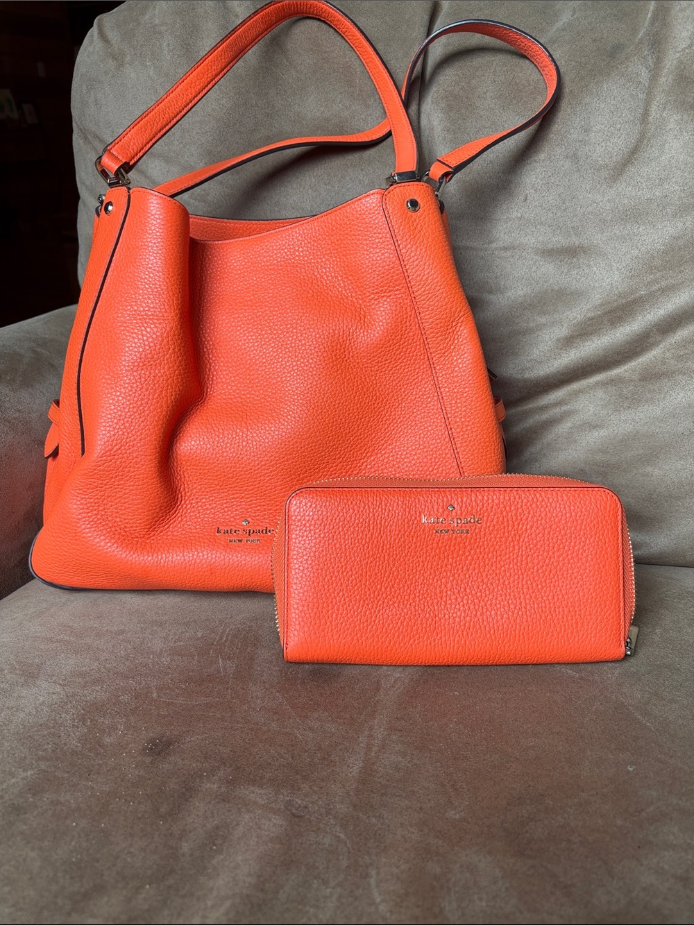 kate spade Orange Pebbled Leather Shoulder Tote with Matching Wallet